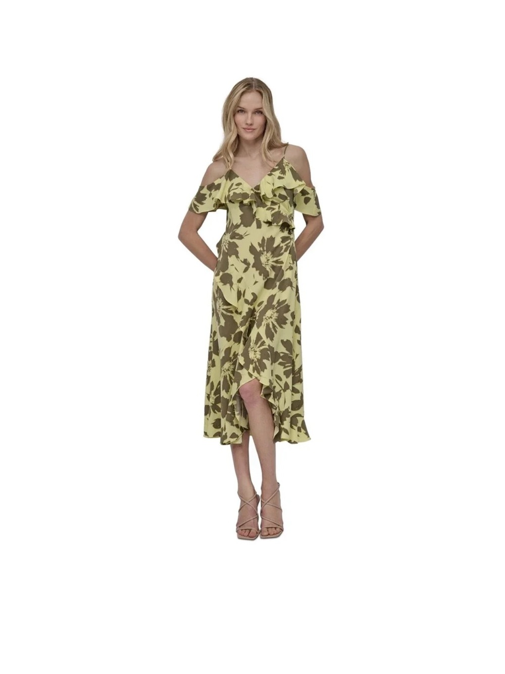 DKNY Chiffon Summer Dress sz 8 Fit & Flare Cold Shoulder Asymmetric Ruffle Hem